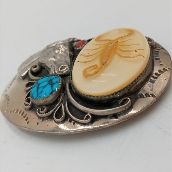 Scorpion Horse Belt Buckle Turquoise Coral Cowboy Native American Country Wester